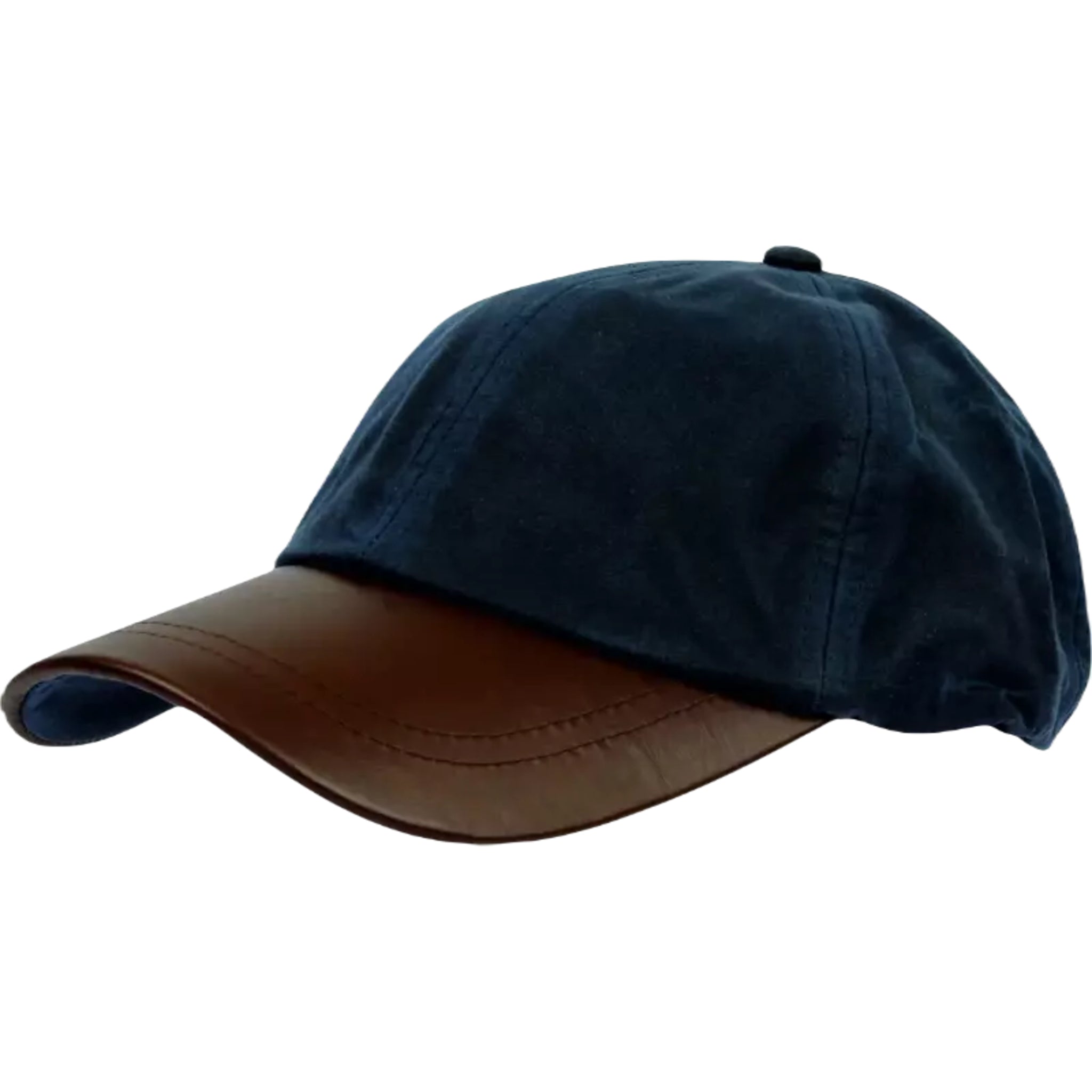 Men's wax baseball cap with brown leather peak, water-resistant outdoor hat in navy